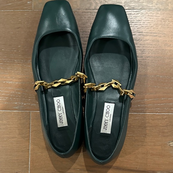Jimmy Choo Dark Green Flats with Gold Accent